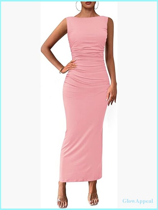 Dresses & Skirts - Sleeveless Midi Bodycon Dress with Ruched Detail Back Slit